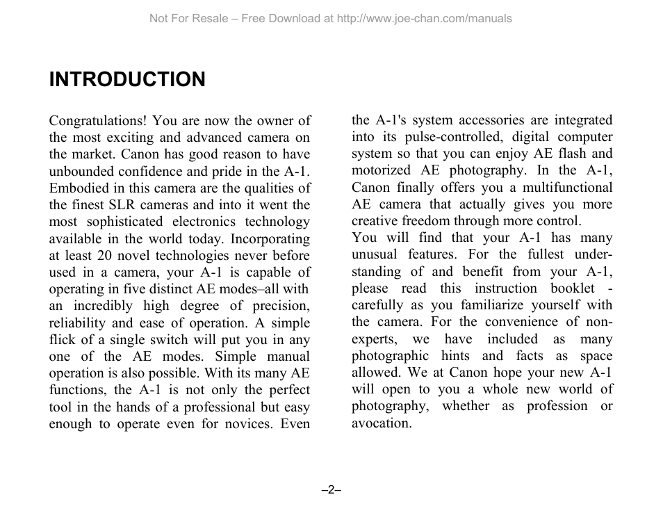 Introduction | Canon A-1 User Manual | Page 2 / 105