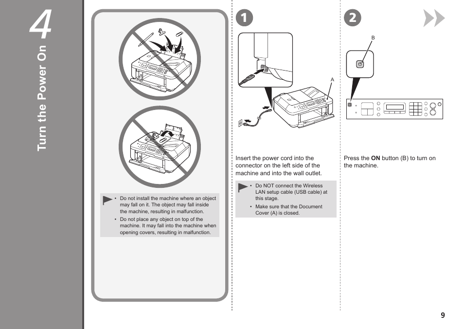 4 turn the power on, Tu rn th e po w er o n | Canon PIXMA MX340 User Manual | Page 11 / 75
