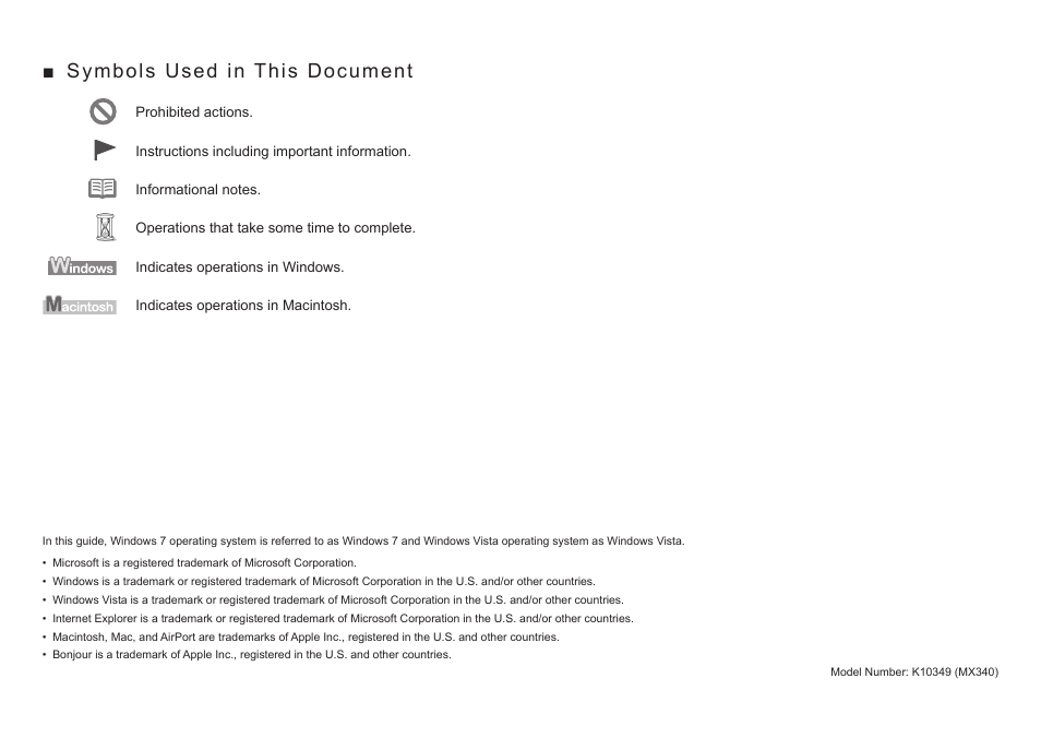 Symbols used in this document | Canon PIXMA MX340 User Manual | Page 2 / 75
