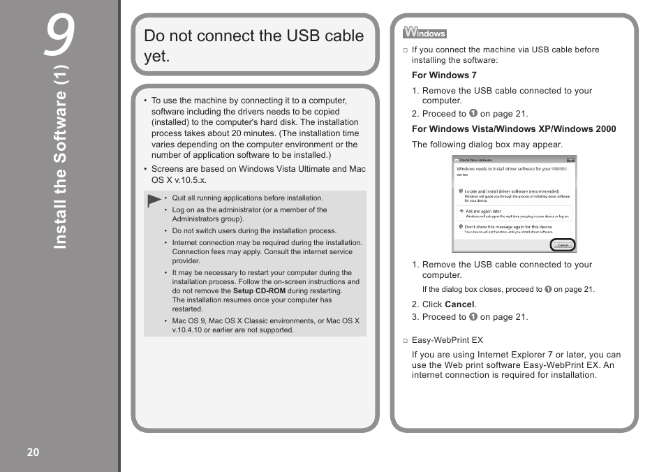 9 install the software (1), Do not connect the usb cable yet | Canon PIXMA MX340 User Manual | Page 22 / 75