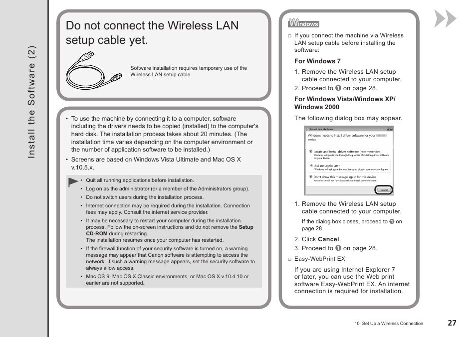 Install the software (2), Do not connect the wireless lan setup cable yet | Canon PIXMA MX340 User Manual | Page 29 / 75