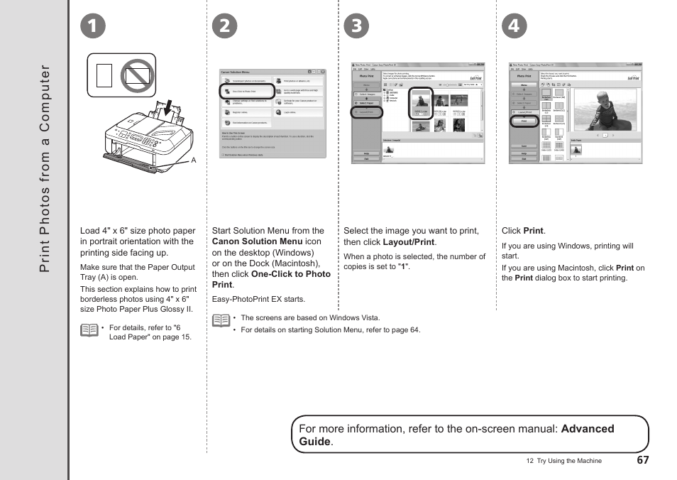 Print photos from a computer, Pri nt p ho to s fr om a c om pu te r | Canon PIXMA MX340 User Manual | Page 69 / 75