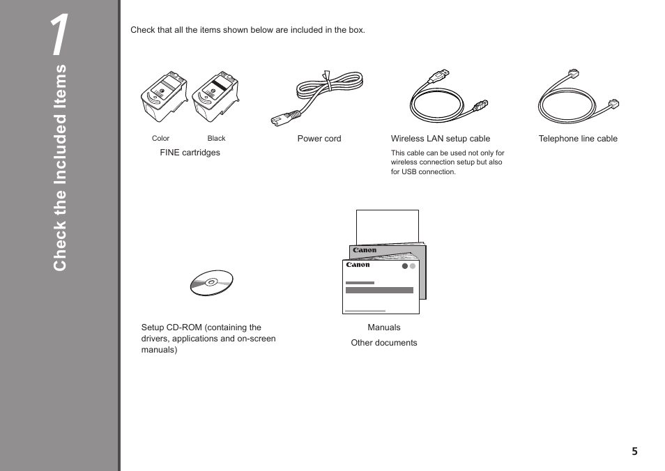 1 check the included items, Che ck th e in cl ud ed it em s | Canon PIXMA MX340 User Manual | Page 7 / 75