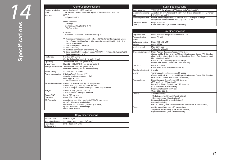 14 specifications, Sp ec ifi ca tio ns | Canon PIXMA MX340 User Manual | Page 73 / 75