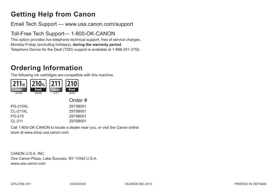 Getting help from canon, Ordering information, Toll-free tech support— 1-800-ok-canon | Order | Canon PIXMA MX340 User Manual | Page 75 / 75