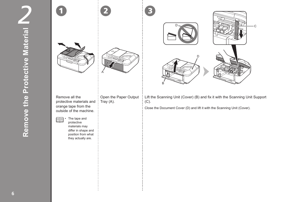 2 remove the protective material, Rem ov e th e pr ot ec tiv e m at er ia l | Canon PIXMA MX340 User Manual | Page 8 / 75