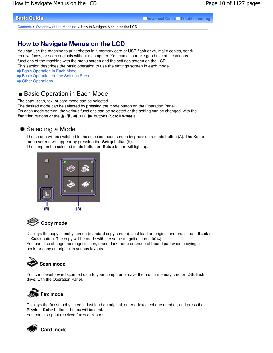 How to navigate menus on the lcd, Selecting a mode, Basic operation in each mode | Canon PIXMA MX870 User Manual | Page 10 / 1127