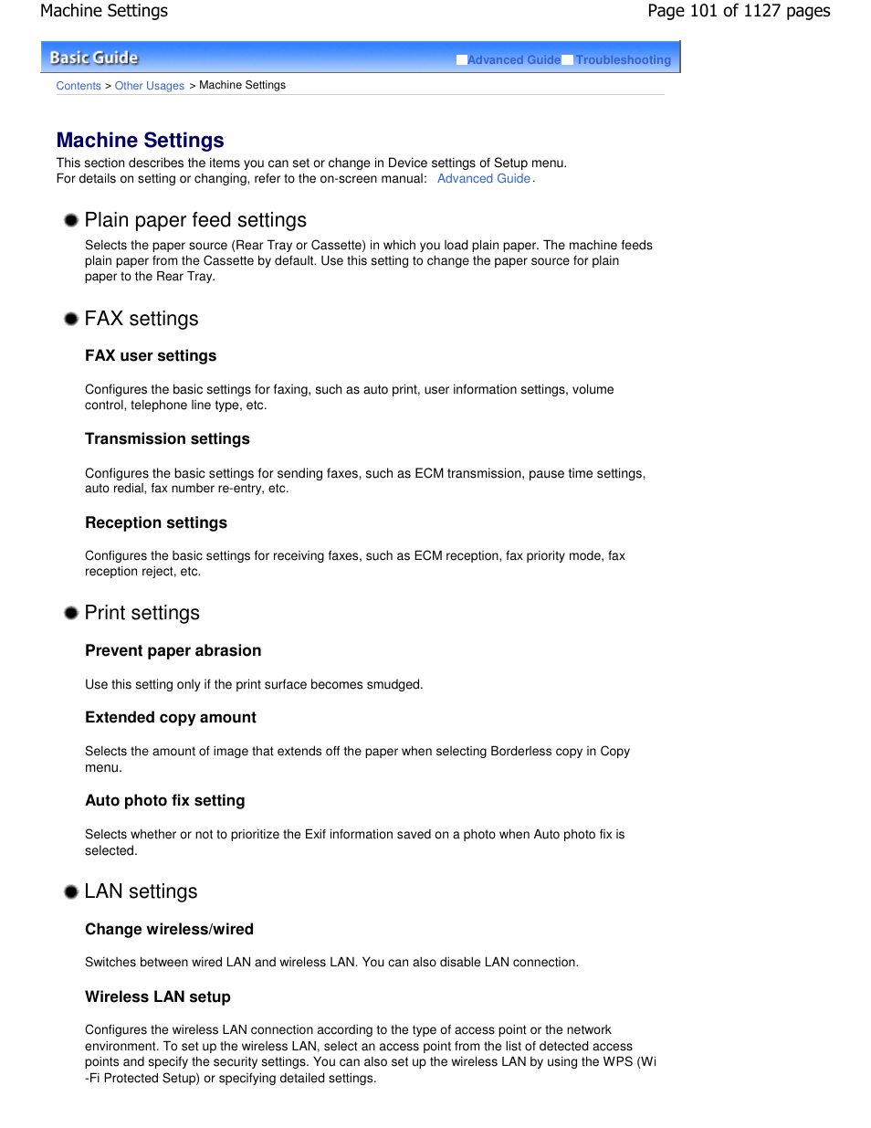 Machine settings, Plain paper feed settings, Fax settings | Print settings, Lan settings | Canon PIXMA MX870 User Manual | Page 101 / 1127