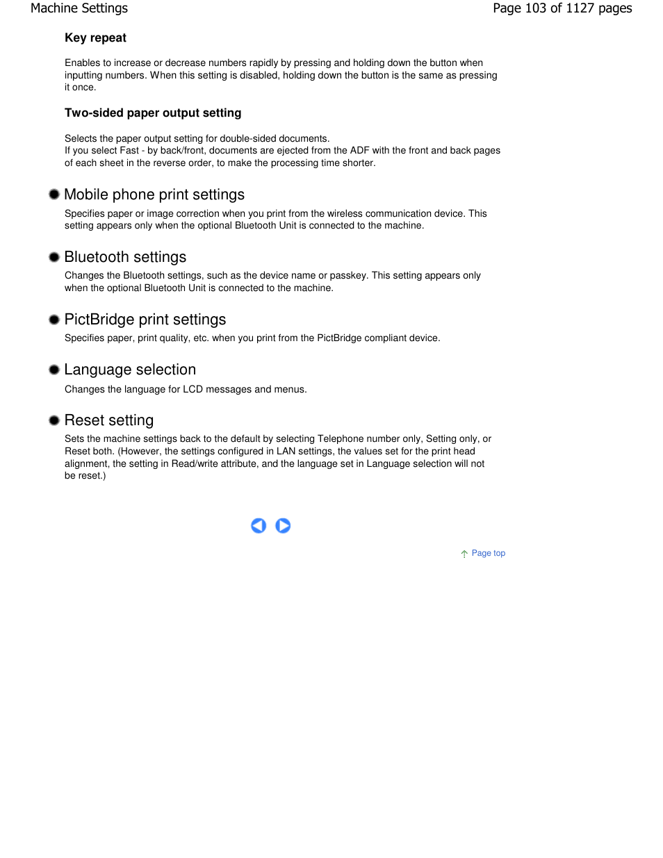 Bluetooth settings, Pictbridge print settings, Reset setting | Mobile phone print settings, Language selection | Canon PIXMA MX870 User Manual | Page 103 / 1127