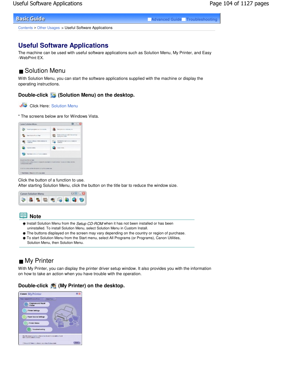 Useful software applications, Solution menu, My printer | Canon PIXMA MX870 User Manual | Page 104 / 1127