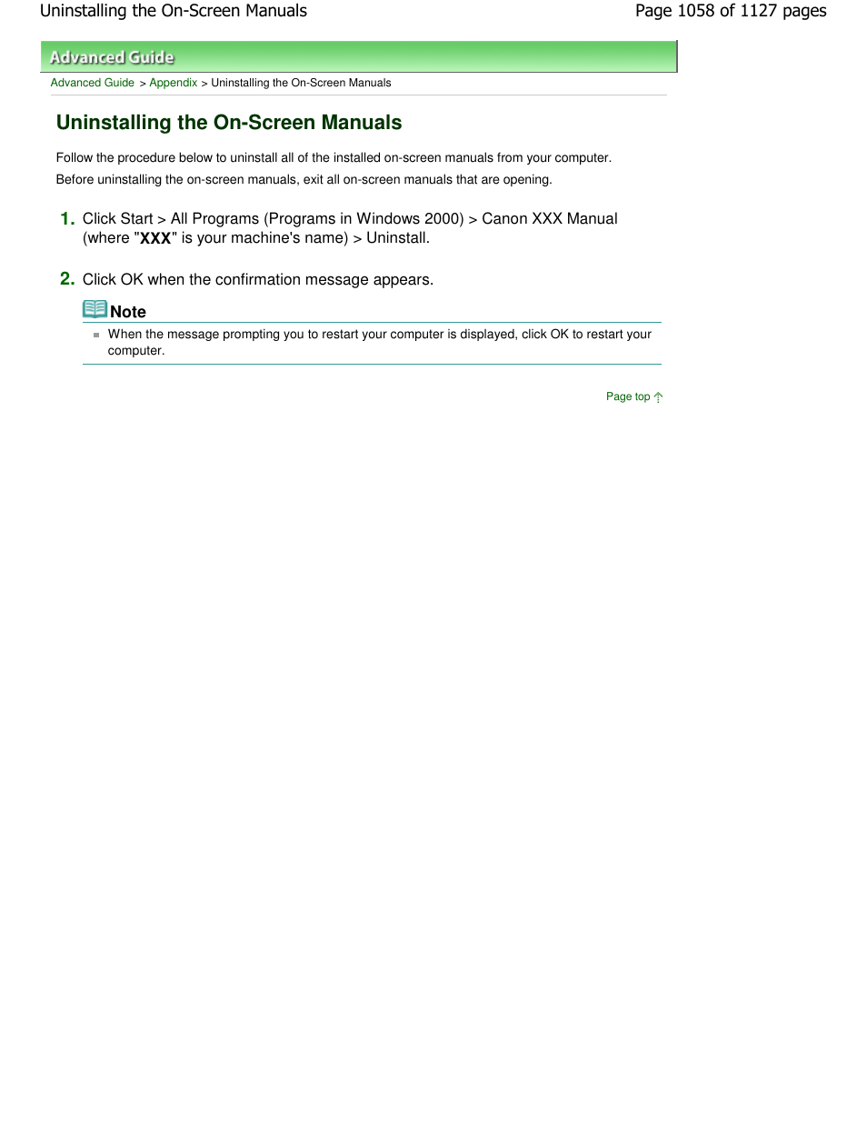 Uninstalling the on-screen manuals | Canon PIXMA MX870 User Manual | Page 1058 / 1127