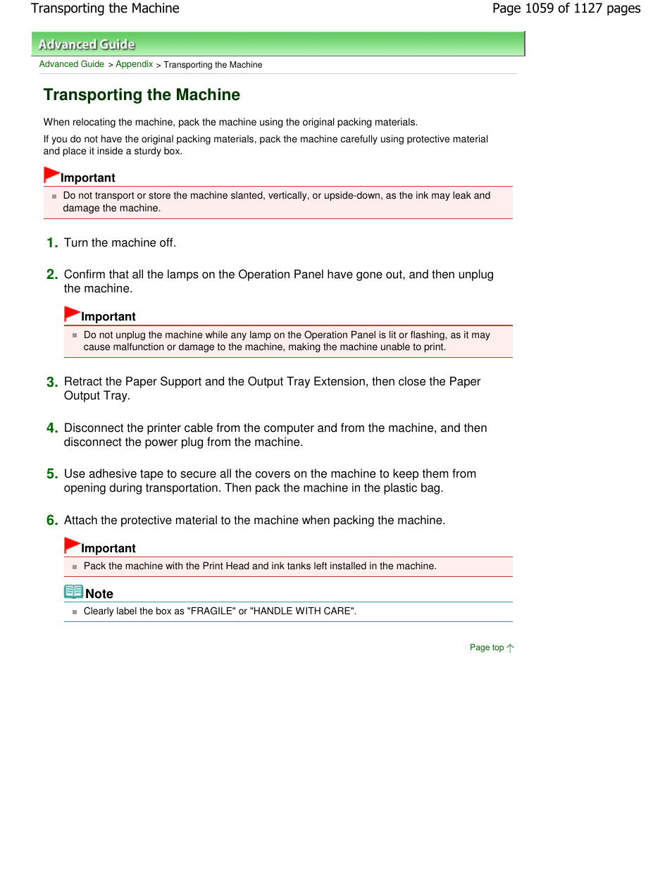 Transporting the machine | Canon PIXMA MX870 User Manual | Page 1059 / 1127