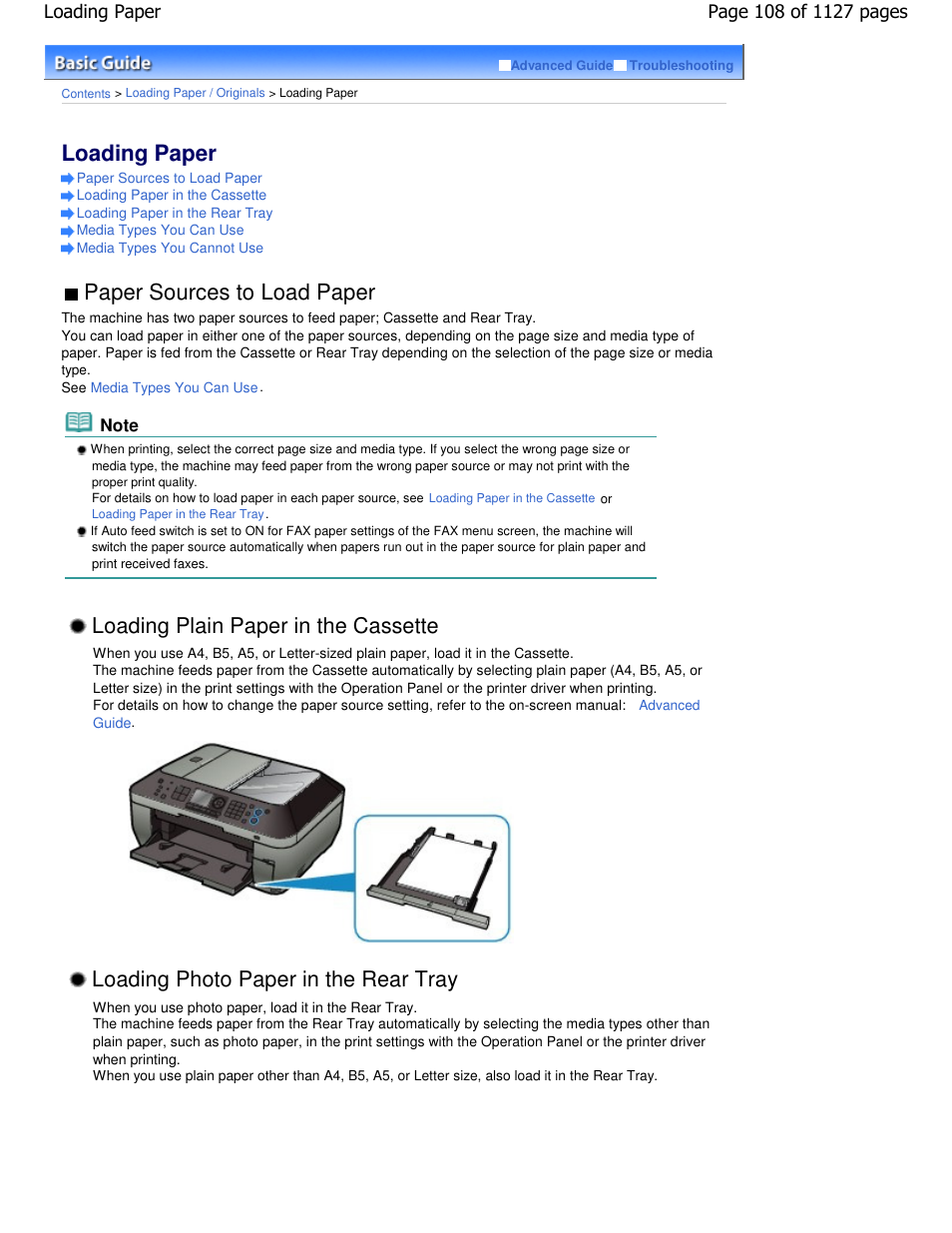 Loading paper, Paper sources to load paper, Loading plain paper in the cassette | Loading photo paper in the rear tray | Canon PIXMA MX870 User Manual | Page 108 / 1127