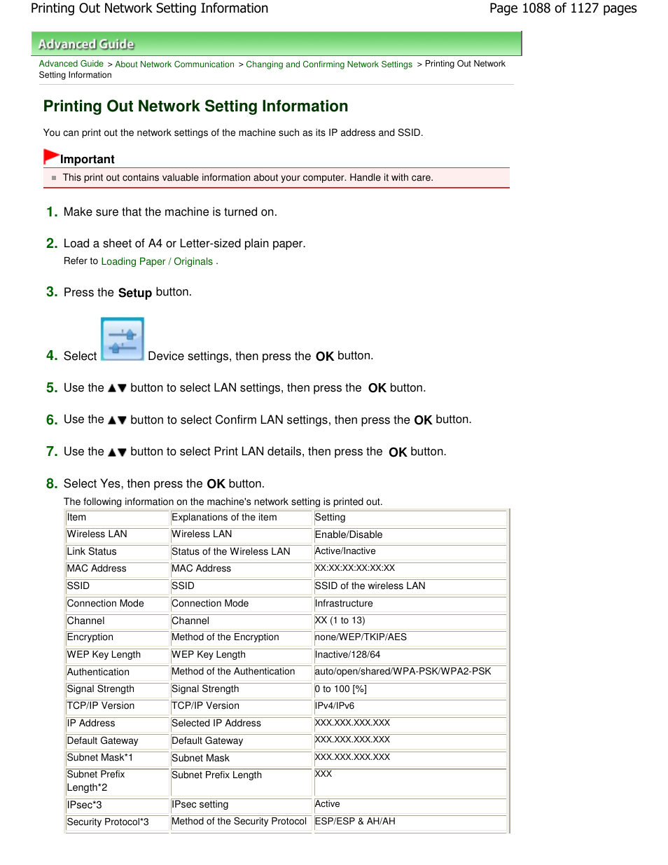 Printing out network setting information | Canon PIXMA MX870 User Manual | Page 1088 / 1127