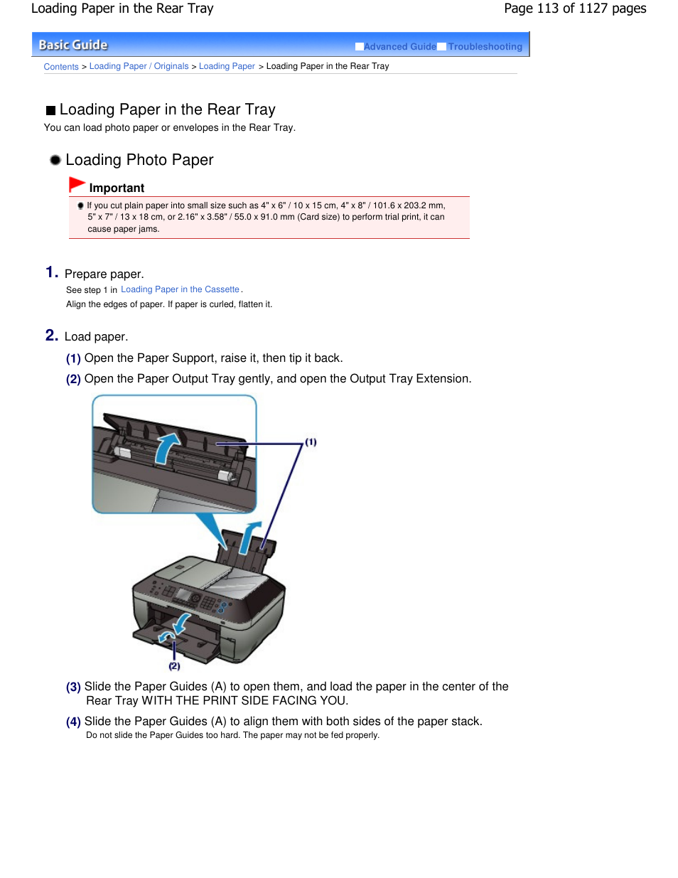 Loading photo paper, Loading paper in the rear tray | Canon PIXMA MX870 User Manual | Page 113 / 1127