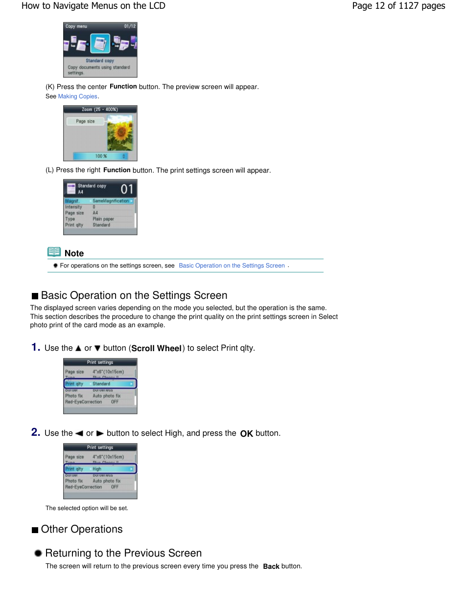 Basic operation on the settings screen, Other operations returning to the previous screen | Canon PIXMA MX870 User Manual | Page 12 / 1127