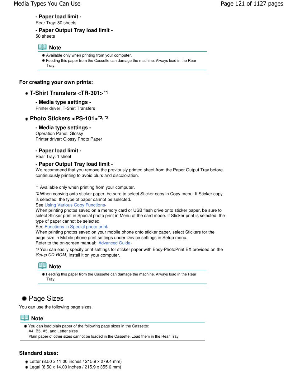 Page sizes | Canon PIXMA MX870 User Manual | Page 121 / 1127