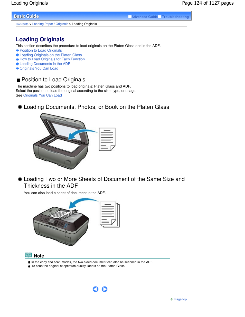 Loading originals, Thickness in the adf, Position to load originals | Canon PIXMA MX870 User Manual | Page 124 / 1127