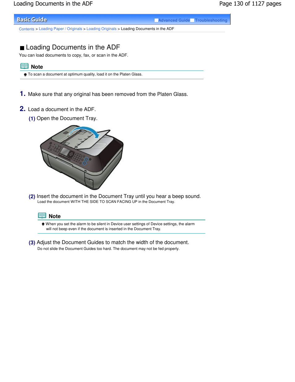 Loading documents in the adf | Canon PIXMA MX870 User Manual | Page 130 / 1127