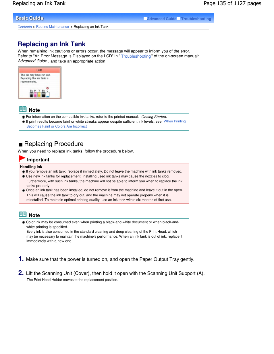 Replacing an ink tank, Replacing procedure | Canon PIXMA MX870 User Manual | Page 135 / 1127