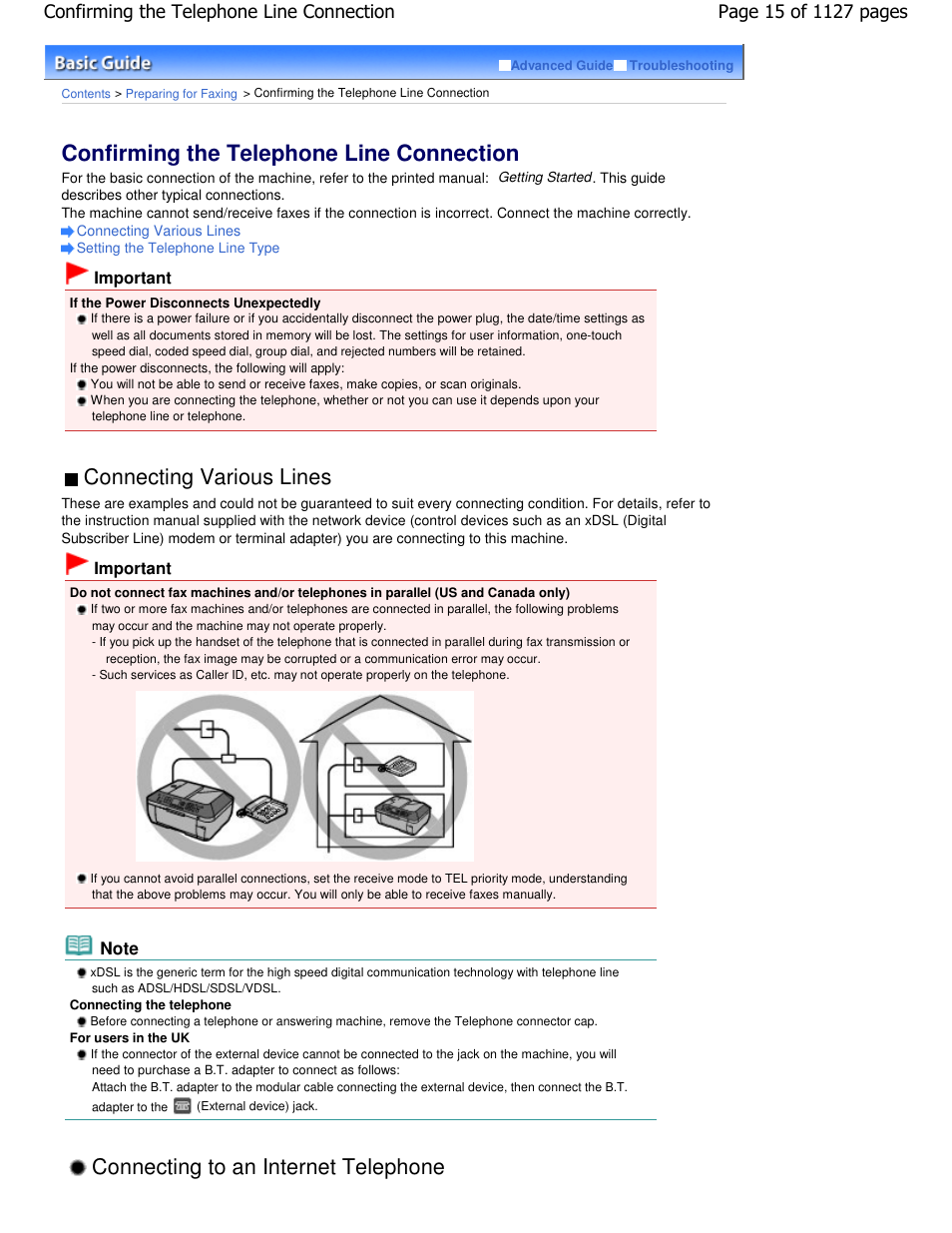 Confirming the telephone line connection, Connecting various lines, Connecting to an internet telephone | Canon PIXMA MX870 User Manual | Page 15 / 1127