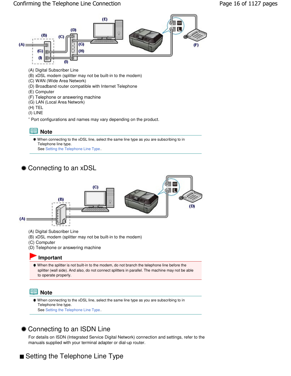 Setting the telephone line type, Connecting to an xdsl, Connecting to an isdn line | Canon PIXMA MX870 User Manual | Page 16 / 1127