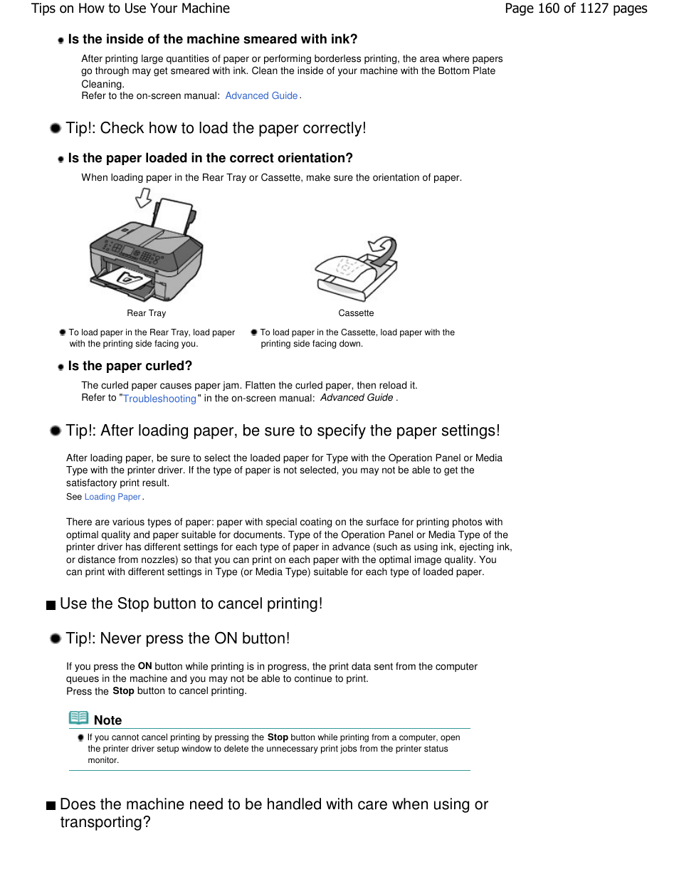 Tip!: check how to load the paper correctly | Canon PIXMA MX870 User Manual | Page 160 / 1127