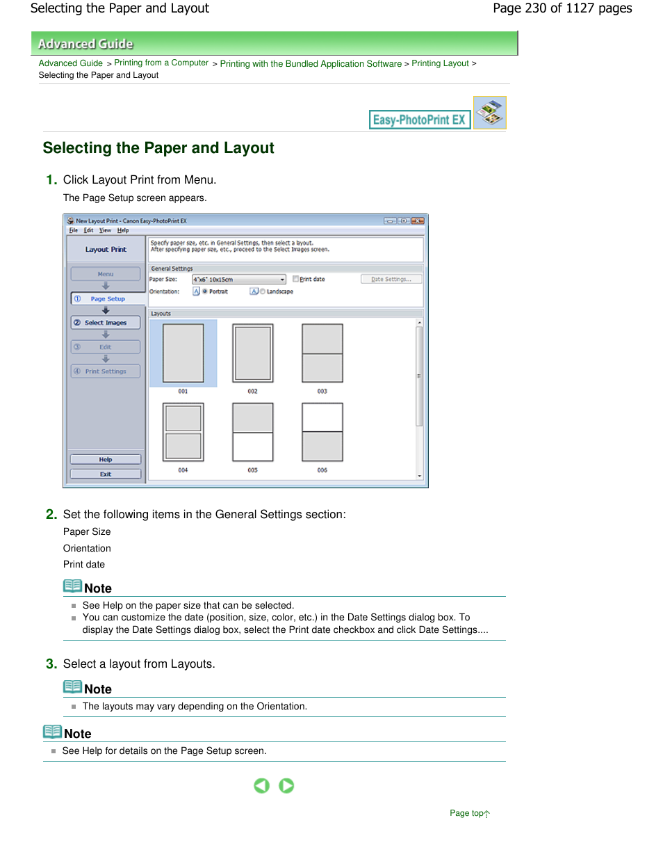 Selecting the paper and layout | Canon PIXMA MX870 User Manual | Page 230 / 1127