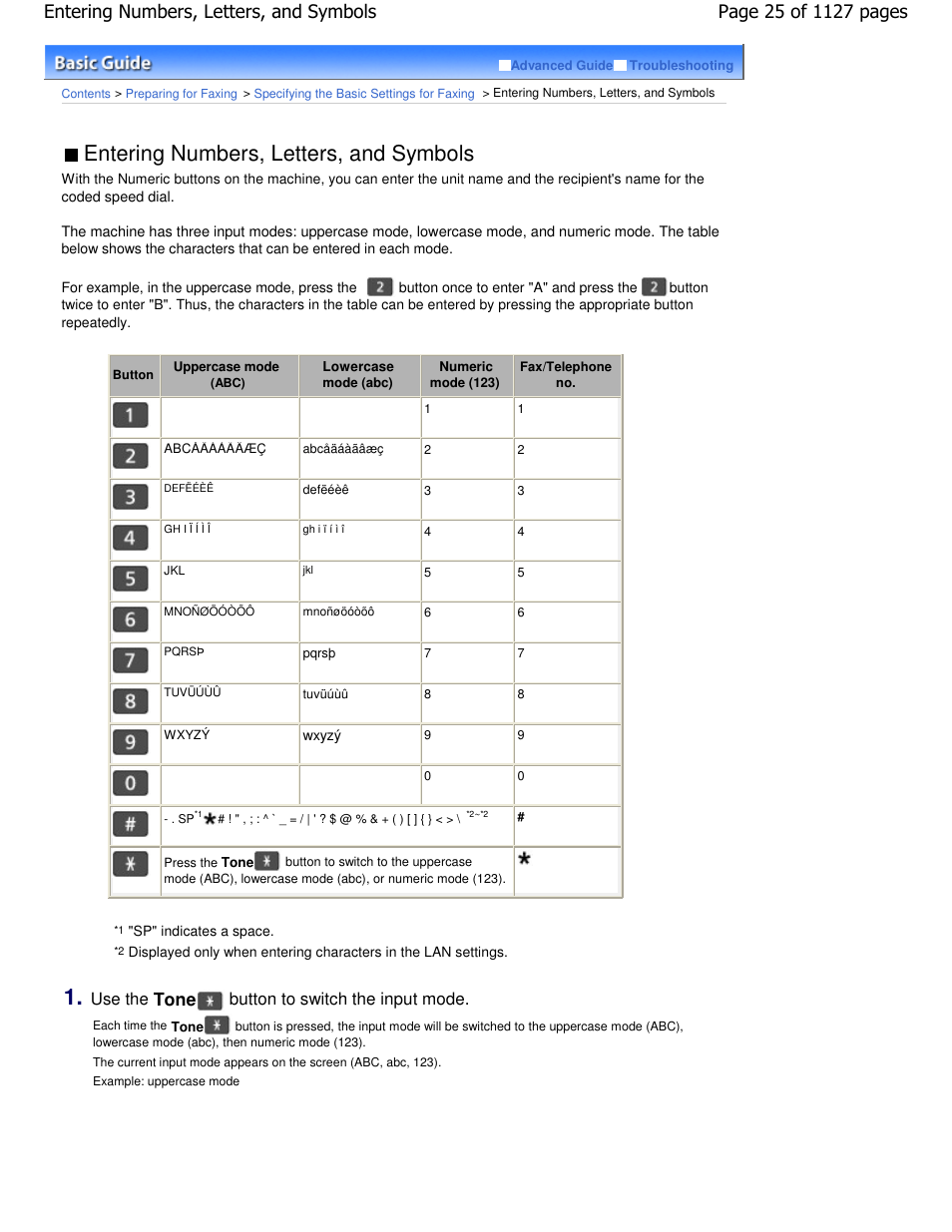 Entering numbers, letters, and symbols, Tone button to switch the input mode | Canon PIXMA MX870 User Manual | Page 25 / 1127