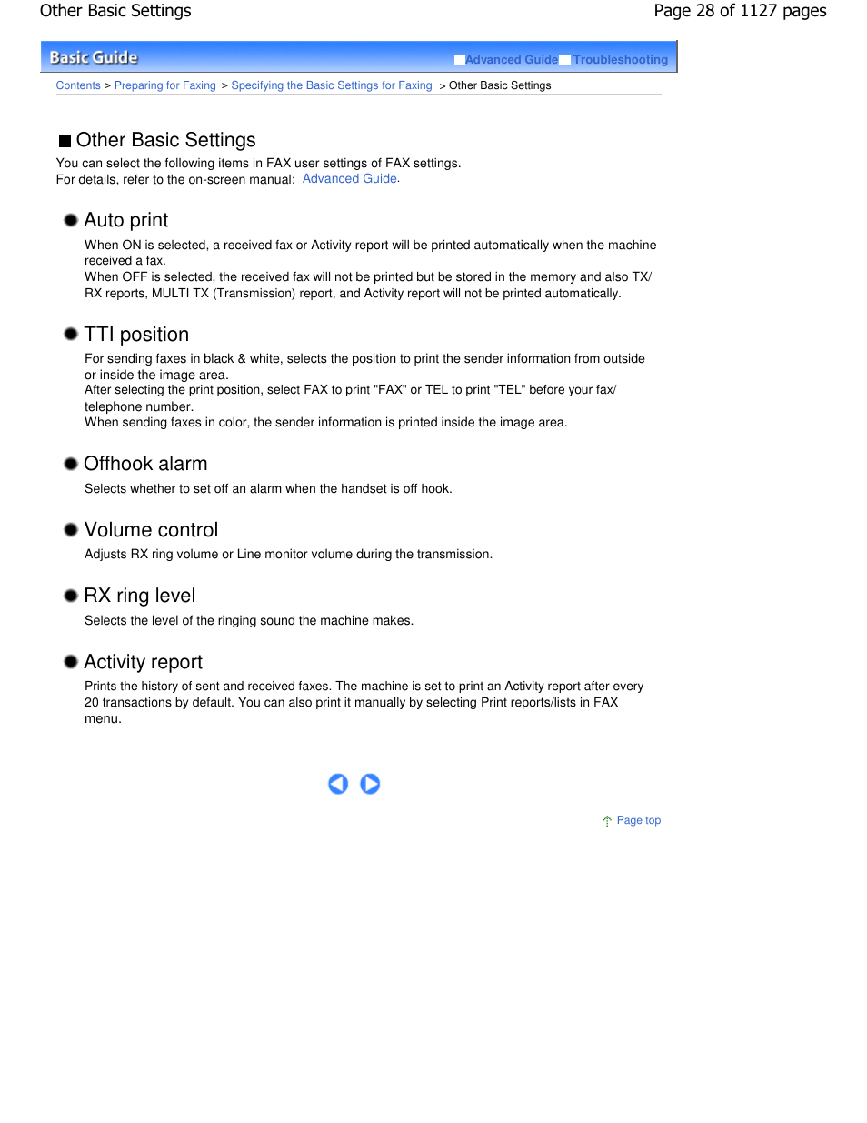 Tti position, Volume control, Other basic settings | Auto print, Offhook alarm, Rx ring level, Activity report | Canon PIXMA MX870 User Manual | Page 28 / 1127