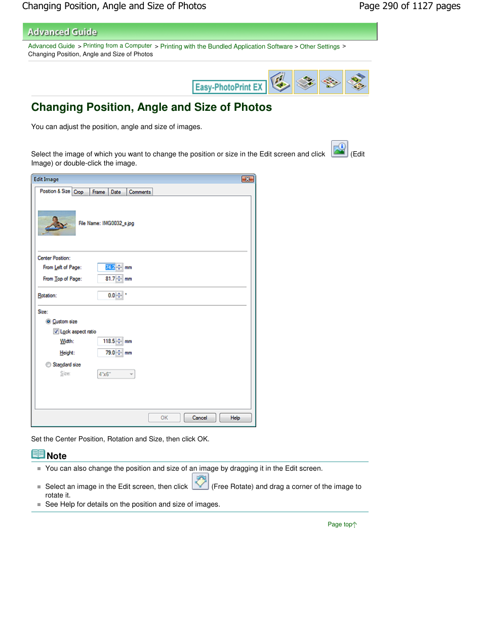 Changing position, angle and size of photos | Canon PIXMA MX870 User Manual | Page 290 / 1127