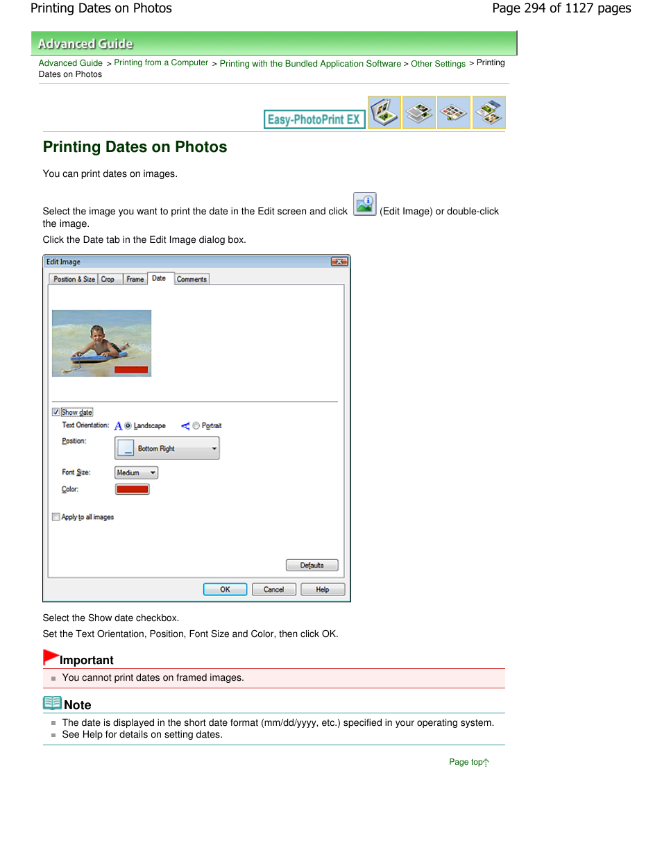 Printing dates on photos | Canon PIXMA MX870 User Manual | Page 294 / 1127