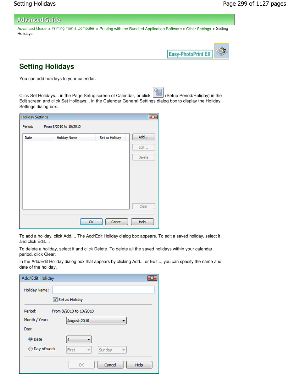 Setting holidays | Canon PIXMA MX870 User Manual | Page 299 / 1127