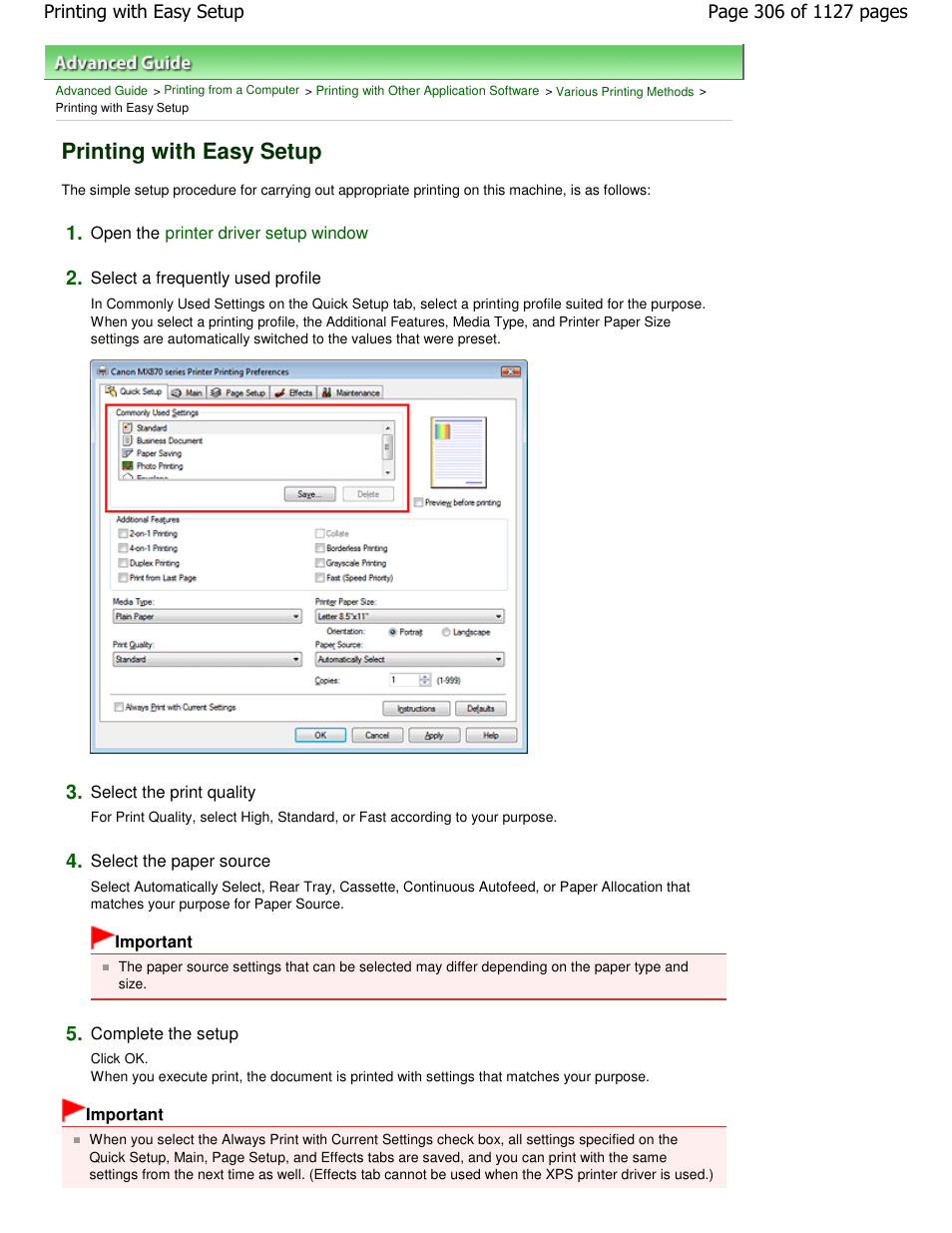 Printing with easy setup | Canon PIXMA MX870 User Manual | Page 306 / 1127