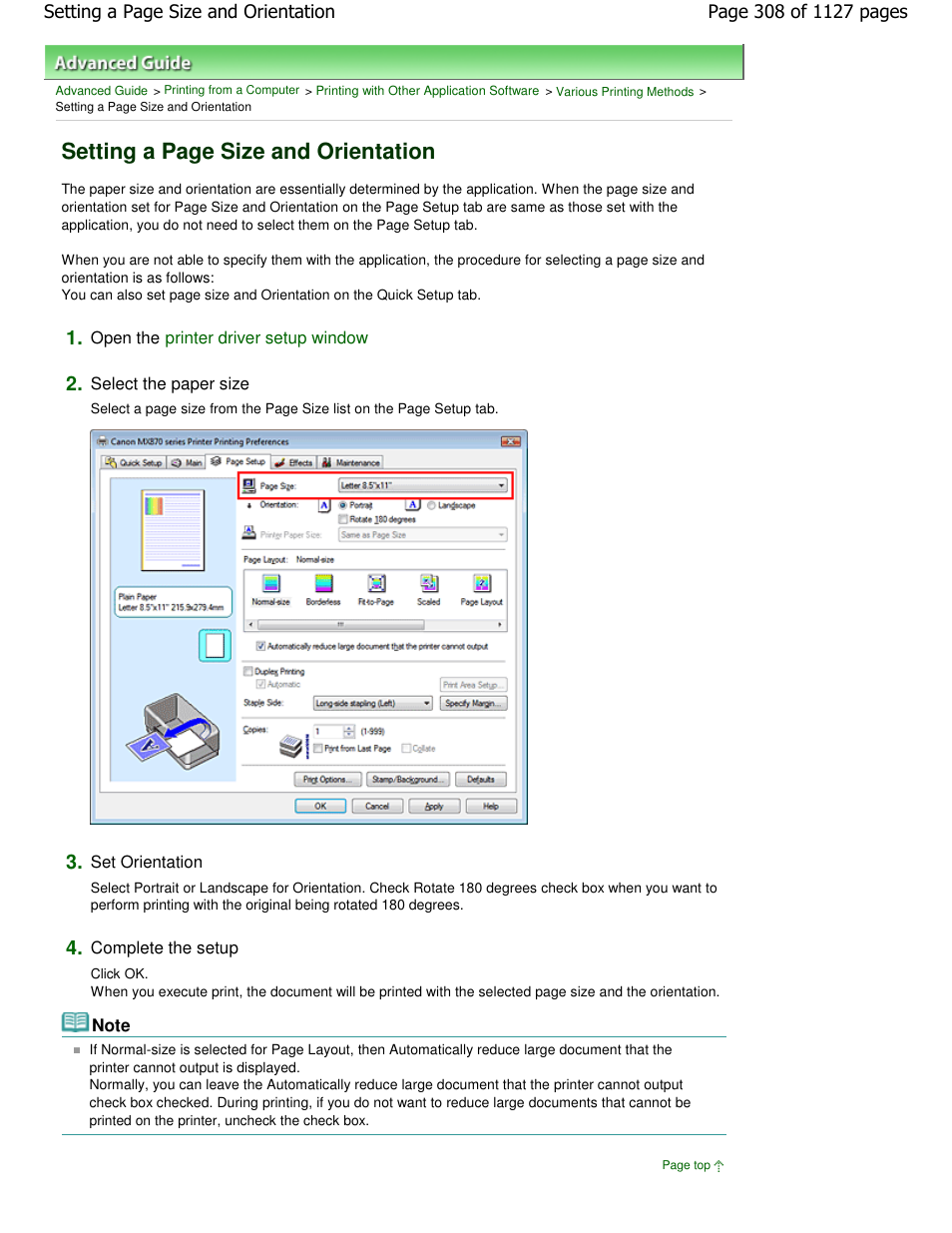 Setting a page size and orientation | Canon PIXMA MX870 User Manual | Page 308 / 1127