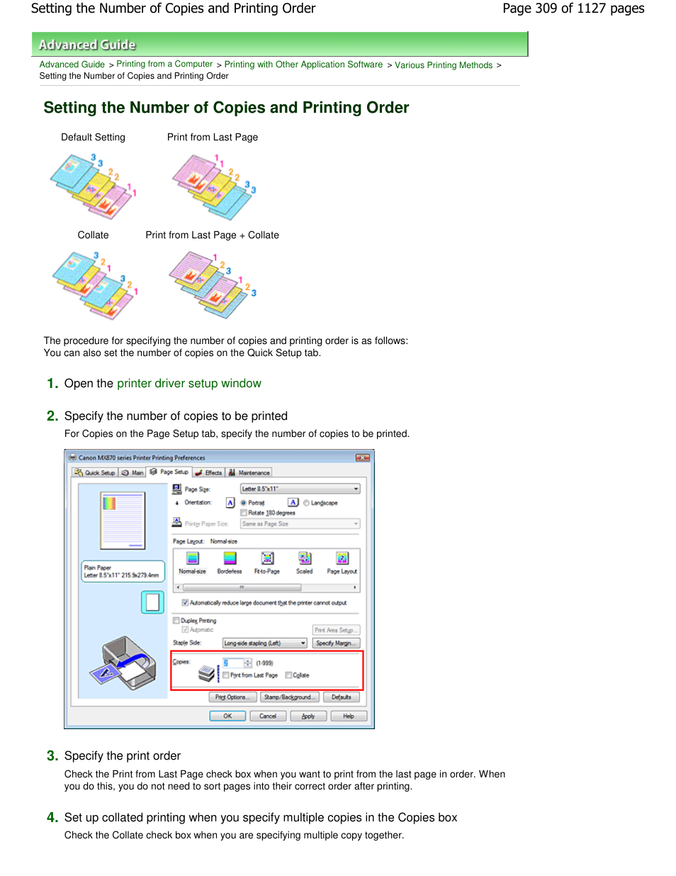 Setting the number of copies and printing order | Canon PIXMA MX870 User Manual | Page 309 / 1127