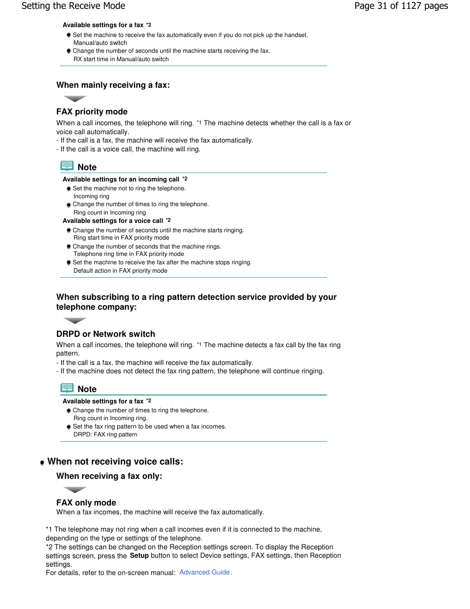 When not receiving voice calls, Drpd or network switch, When receiving a fax only | Canon PIXMA MX870 User Manual | Page 31 / 1127