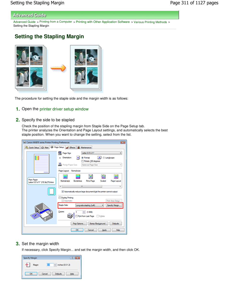 Setting the stapling margin | Canon PIXMA MX870 User Manual | Page 311 / 1127