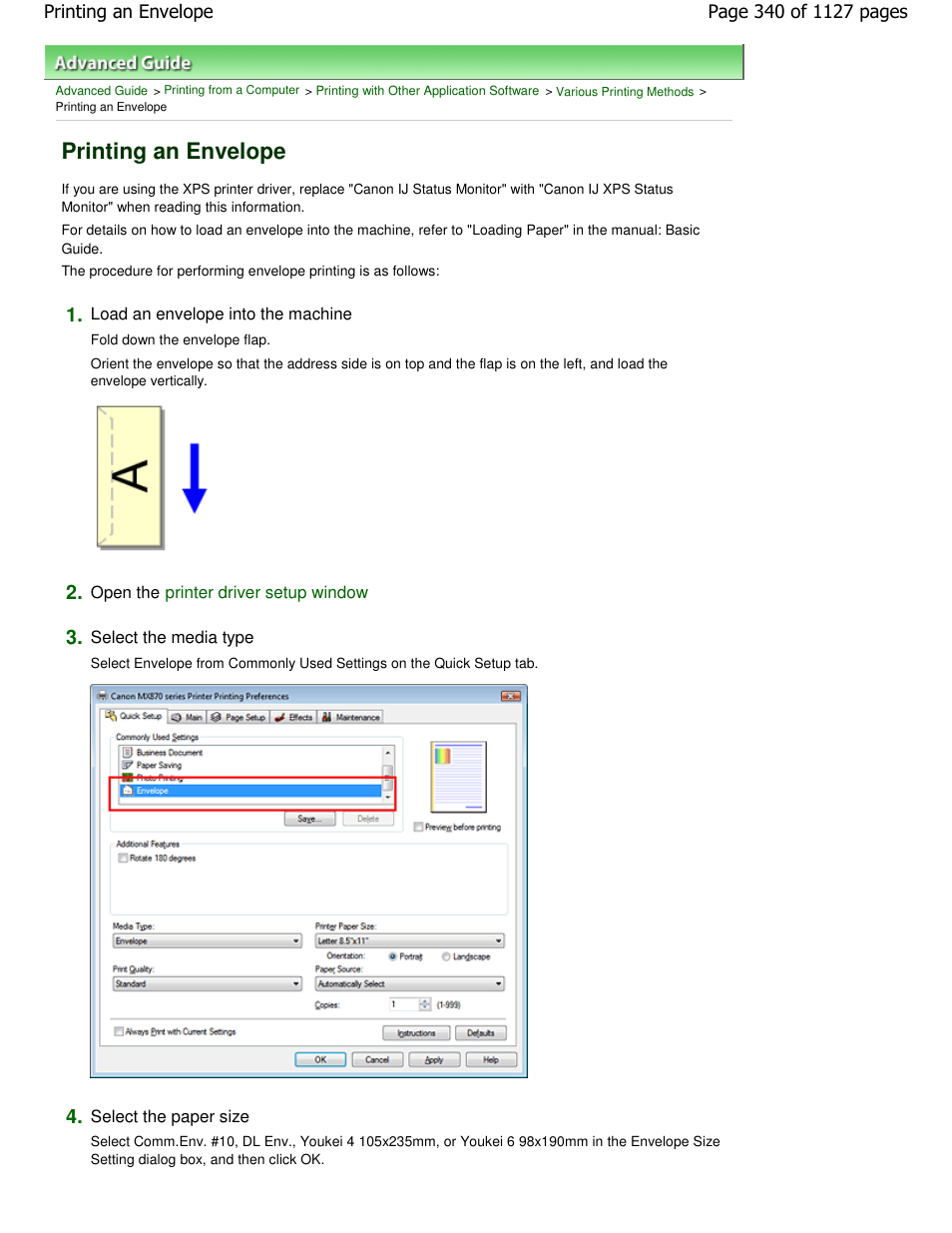 Printing an envelope | Canon PIXMA MX870 User Manual | Page 340 / 1127