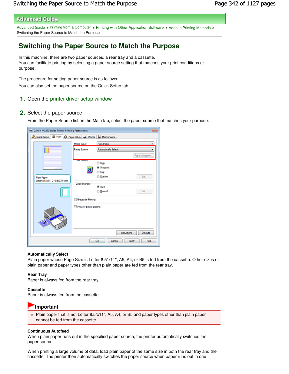 Switching the paper source to match the purpose | Canon PIXMA MX870 User Manual | Page 342 / 1127