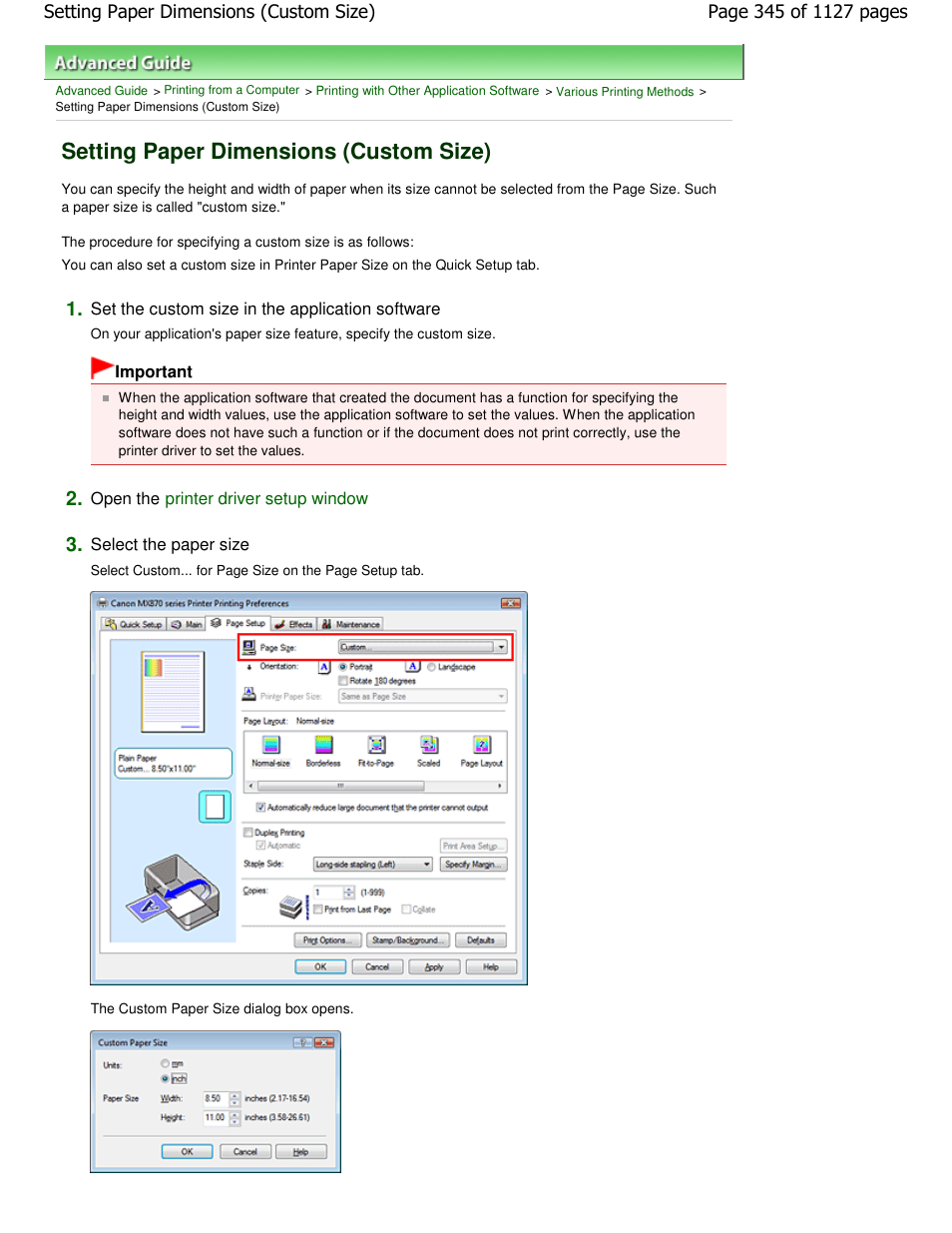 Setting paper dimensions (custom size) | Canon PIXMA MX870 User Manual | Page 345 / 1127