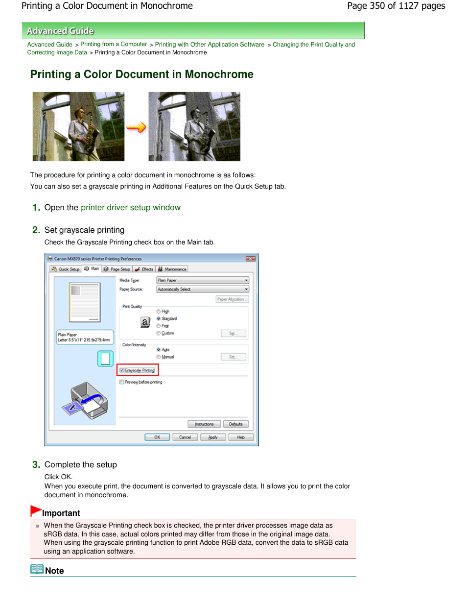 Printing a color document in monochrome | Canon PIXMA MX870 User Manual | Page 350 / 1127