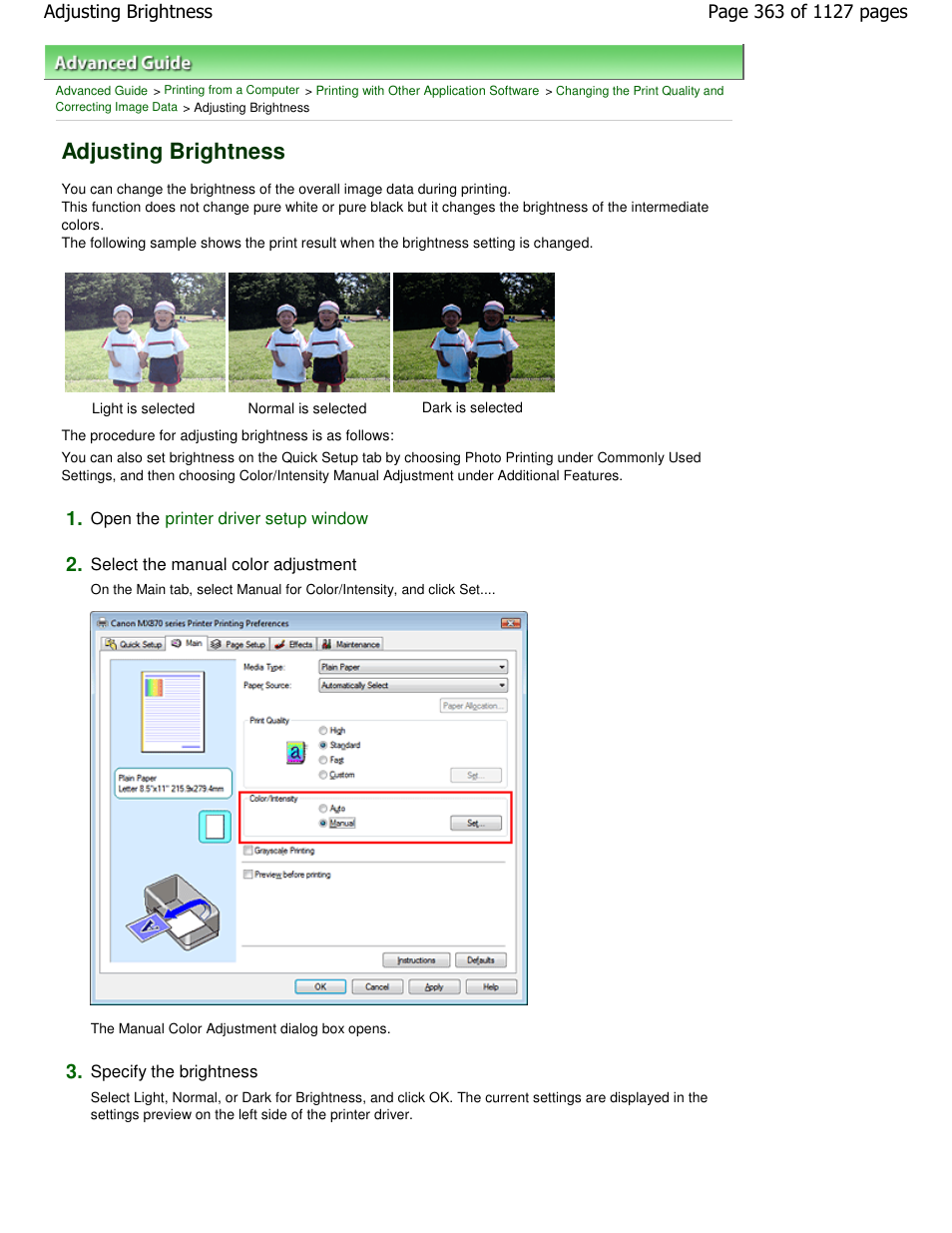 Adjusting brightness | Canon PIXMA MX870 User Manual | Page 363 / 1127