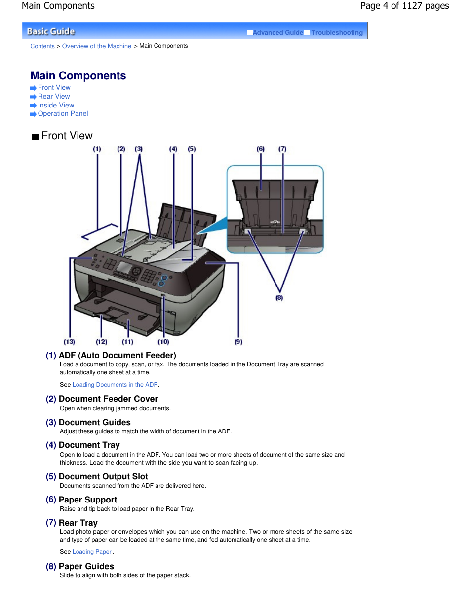 Main components, Front view | Canon PIXMA MX870 User Manual | Page 4 / 1127