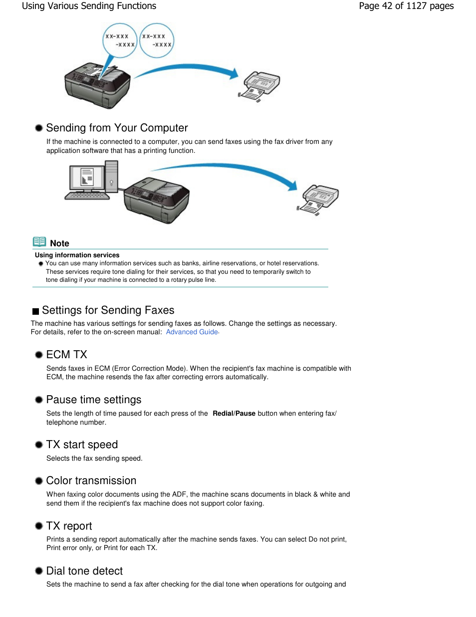 Settings for sending faxes, Tx start speed, Tx report | Dial tone detect, Sending from your computer, Ecm tx, Pause time settings, Color transmission | Canon PIXMA MX870 User Manual | Page 42 / 1127