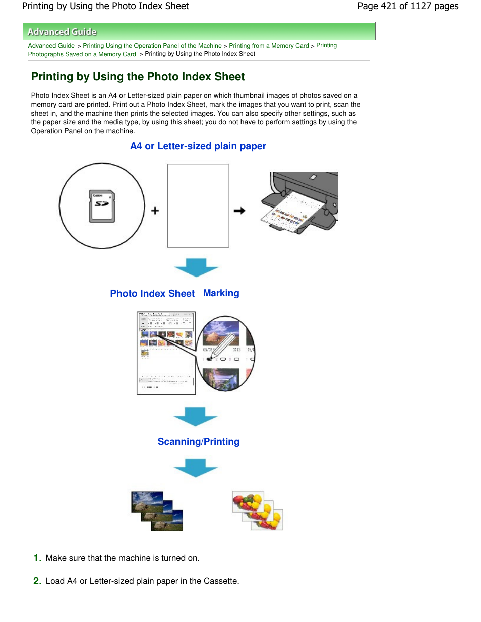 Printing by using the photo index sheet, A4 or letter-sized plain paper photo index sheet, Scanning/printing 1 | Canon PIXMA MX870 User Manual | Page 421 / 1127