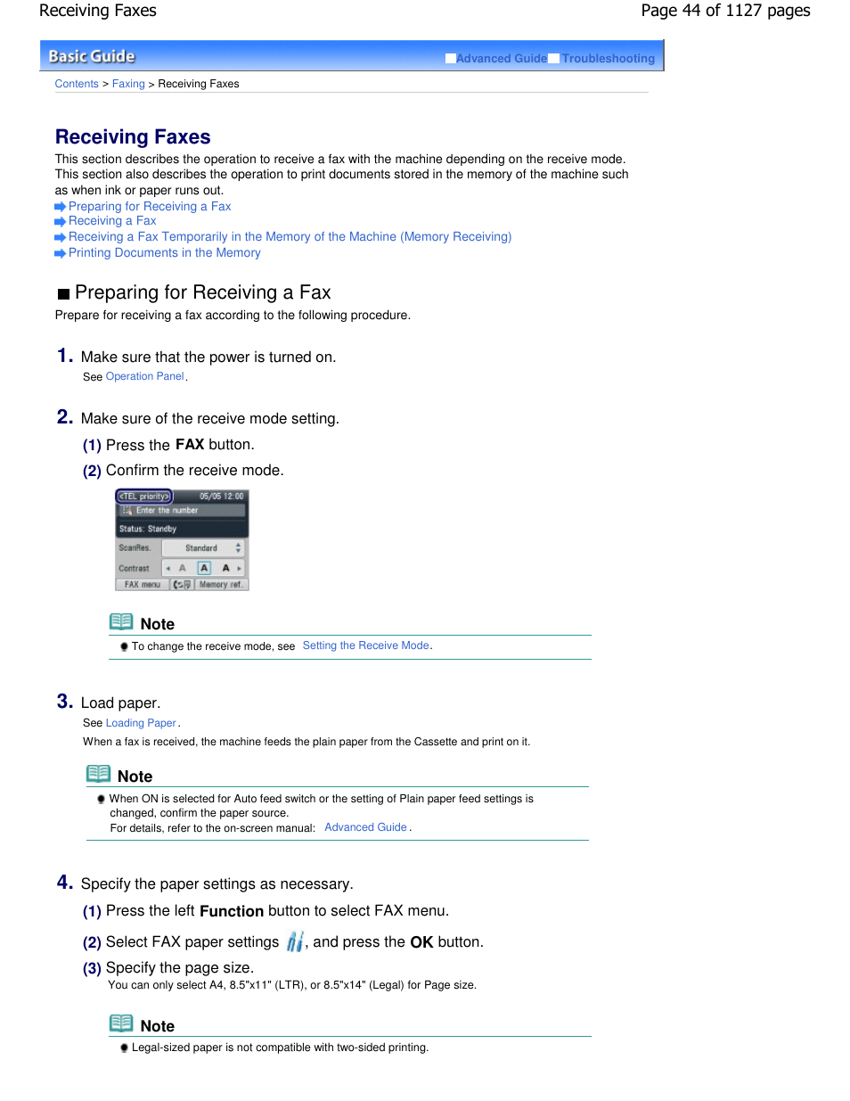 Receiving faxes, Preparing for receiving a fax | Canon PIXMA MX870 User Manual | Page 44 / 1127