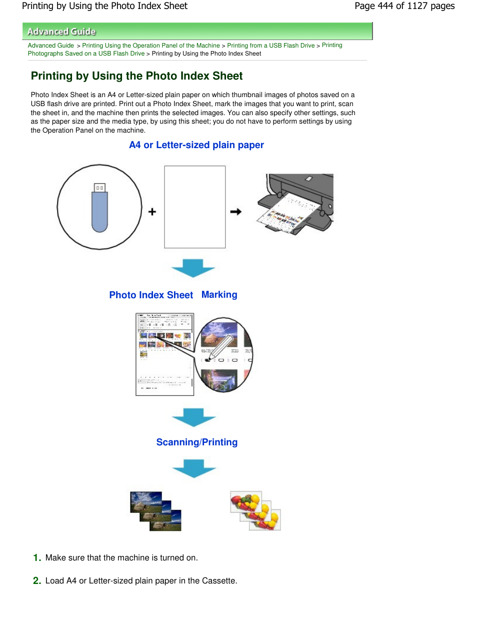 Printing by using the photo index sheet, A4 or letter-sized plain paper photo index sheet, Scanning/printing 1 | Canon PIXMA MX870 User Manual | Page 444 / 1127