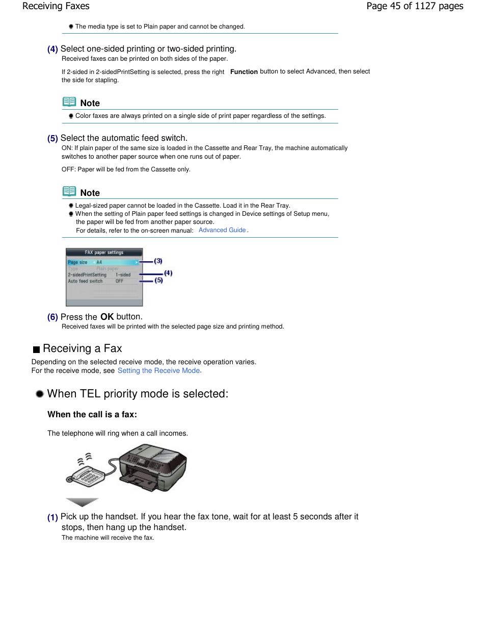 When tel priority mode is selected, Receiving a fax | Canon PIXMA MX870 User Manual | Page 45 / 1127