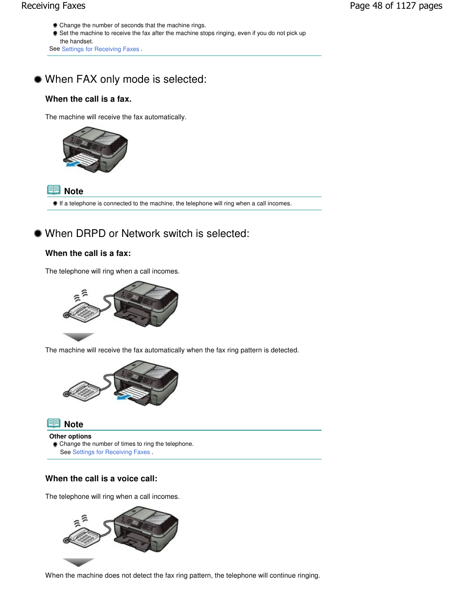 When fax only mode is selected, When drpd or network switch is selected | Canon PIXMA MX870 User Manual | Page 48 / 1127